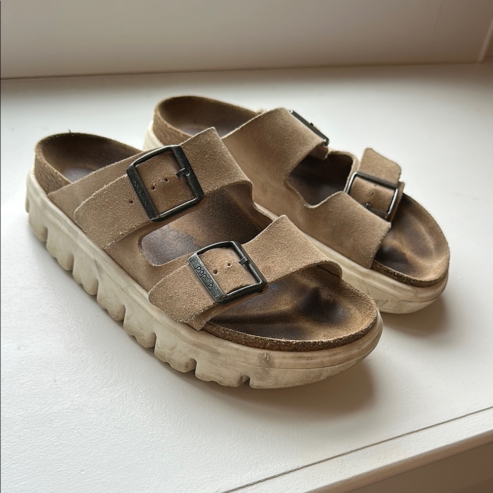 Tan Suede Double Strap Sandals